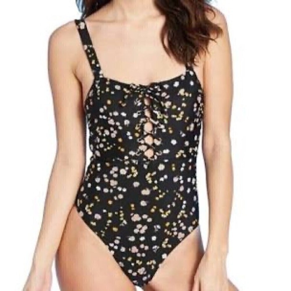 Black floral laceup swimsuit